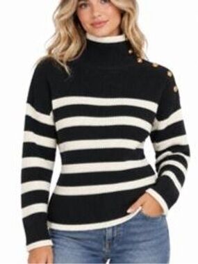 Uoozee Black‎ and Cream Striped Turtleneck Sweater with High Button Shoulder